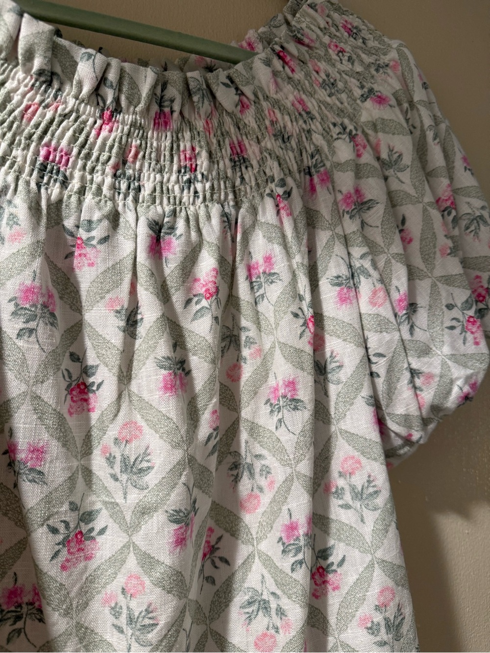 CeCe White Puff Sleeve Top with Pink Floral Print